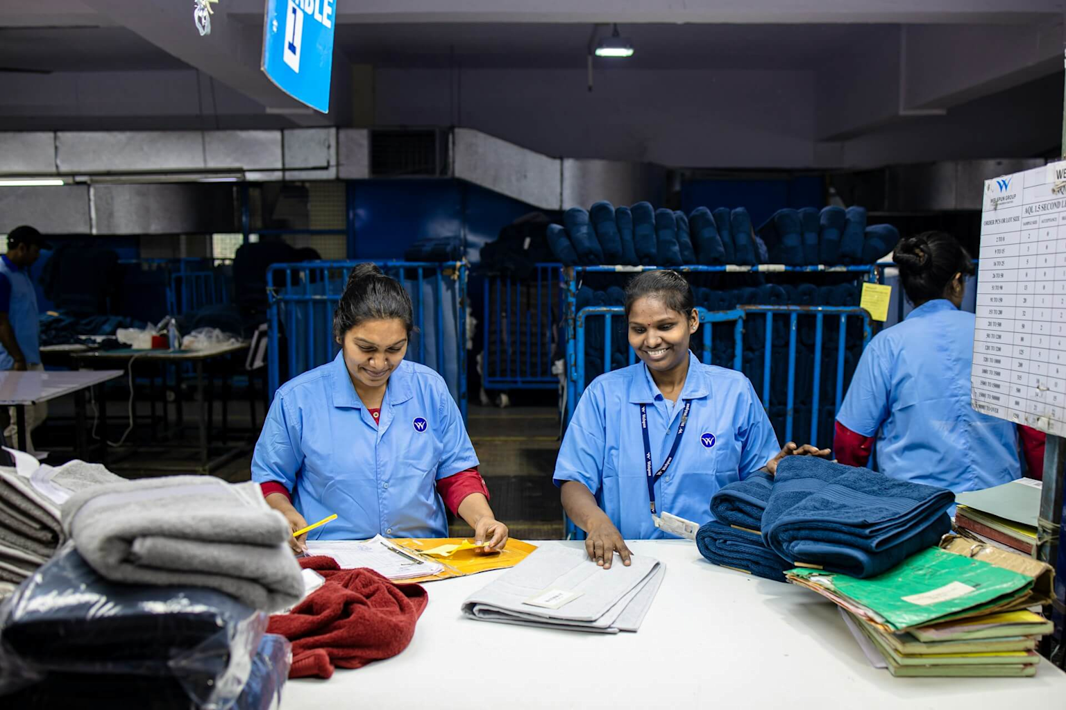 Indian employees inspecting and organizing garments in quality control environment